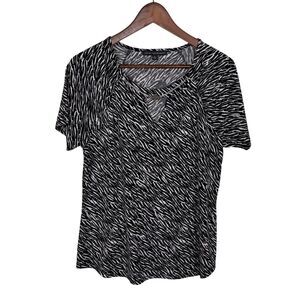 NWT Adrienne Vittadini Black White Chain Embellished Keyhole Blouse Womens Large